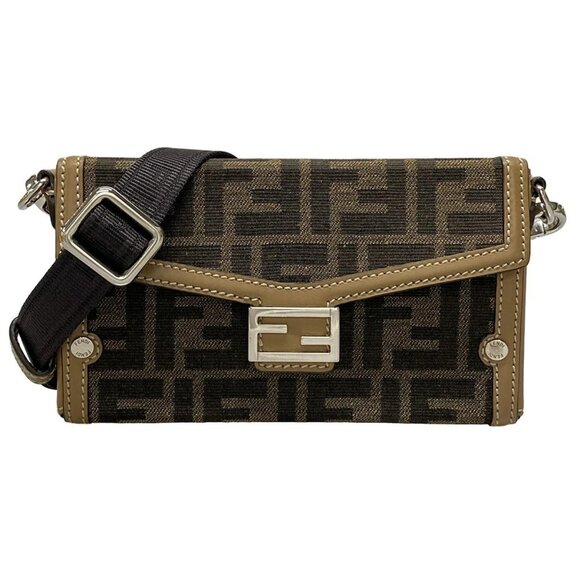 Auth FENDI Baguette Soft Trunk Phone Pouch 7AS139 Brown Black Jacquard Leather - Picture 1 of 16